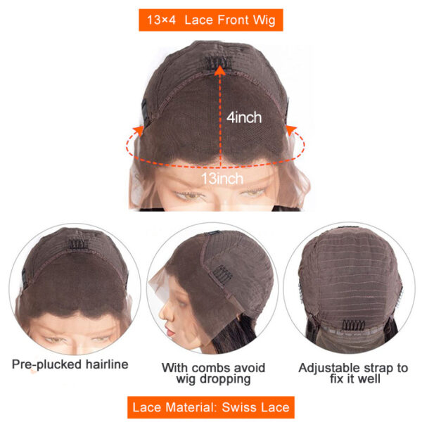 Diagram showcasing the features of a Short Curly Pixie Cut 13x4 Lace Front Wig with pre-plucked hairline, comb attachments, and adjustable straps.