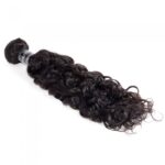 A bundle of 10-30 Inch Italy Curly Virgin Brazilian Hair #1B Natural Black hair extensions isolated on a white background.