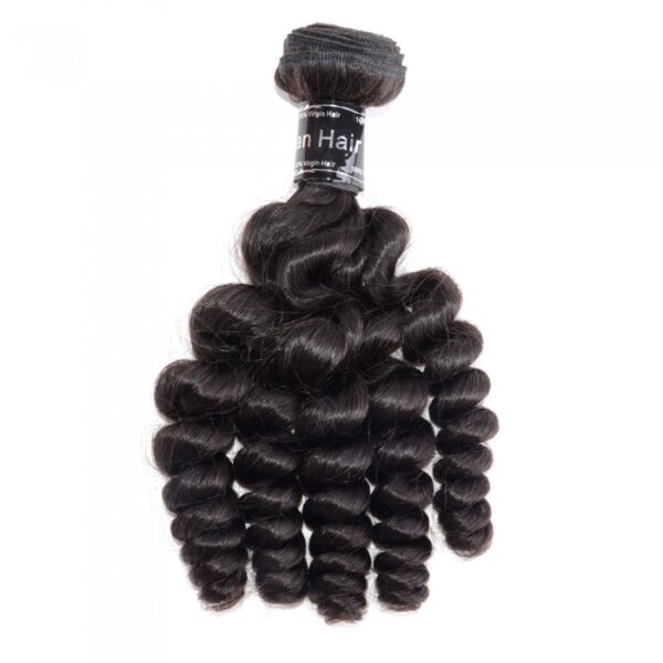 A bundle of Loose Curly Virgin Brazilian Hair #1B Natural Black hair extensions.