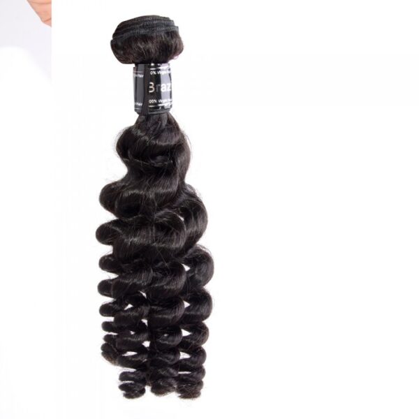 12-26 Inch Loose Curly Virgin Brazilian Hair #1B Natural Black displayed against a white background.