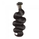 A bundle of 10-30 Inch Body Wavy Virgin Brazilian Hair #1B Natural Black human hair extension displayed on a white background.