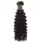 A bundle of 10-30 Inch Deep Curly Virgin Brazilian Hair #1B Natural Black weave on a white background.