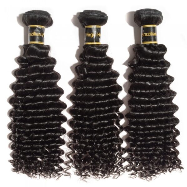 Three bundles of 10-30 Inch Deep Curly Virgin Brazilian Hair #1B Natural Black hair extensions displayed on a white background.