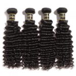 Four bundles of 10-30 Inch Deep Curly Virgin Brazilian Hair #1B Natural Black with deep wave texture.