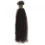 A bundle of 10-30 Inch Kinky Curly Virgin Brazilian Hair #1B Natural Black hair extensions displayed against a white background.