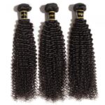 Three bundles of 10-30 Inch Kinky Curly Virgin Brazilian Hair #1B Natural Black displayed vertically against a white background.