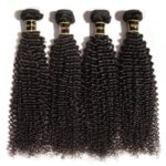 Four bundles of 10-30 Inch Kinky Curly Virgin Brazilian Hair #1B Natural Black displayed against a white background.