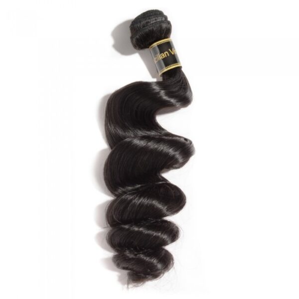 A bundle of 10-30 Inch Loose Wavy Virgin Brazilian Hair #1B Natural Black hair extensions on a white background.