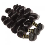 Coiled bundles of 10-30 Inch Loose Wavy Virgin Brazilian Hair #1B Natural Black extensions on a white background.