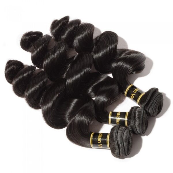 Coiled bundles of 10-30 Inch Loose Wavy Virgin Brazilian Hair #1B Natural Black extensions on a white background.