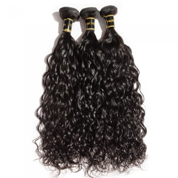 Three bundles of 10-30 Inch Natural Wavy Virgin Brazilian Hair #1B Natural Black displayed on a white background.