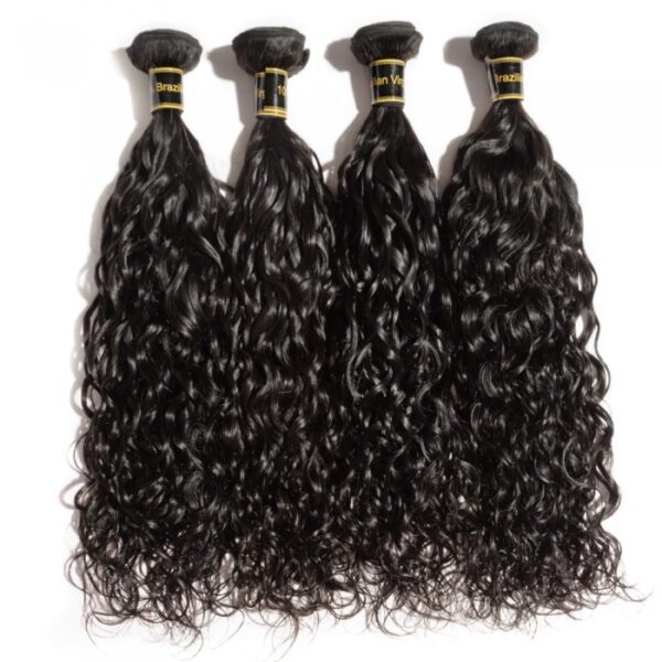 Four bundles of 10-30 Inch Natural Wavy Virgin Brazilian Hair #1B Natural Black displayed against a white background.