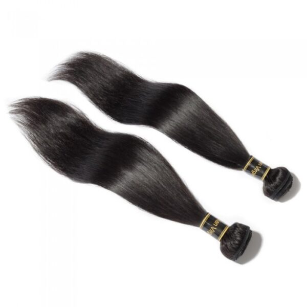 Two bundles of 10-30 Inch Straight Virgin Brazilian Hair #1B Natural Black hair extensions on a white background.