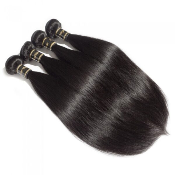 Four bundles of 10-30 Inch Straight Virgin Brazilian Hair #1B Natural Black isolated on a white background.