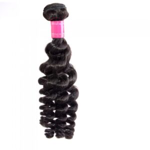 A bundle of 12-26 Inch Loose Curly Virgin Indian Hair #1B Natural Black hair extensions.