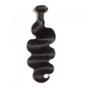 A single strand of 10-30 Inch Body Wavy Virgin Indian Hair #1B Natural Black extension isolated on a white background.