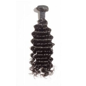 A single piece of 10-30 Inch Deep Curly Virgin Indian Hair #1B Natural Black hair extension isolated on a white background.