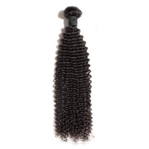 10-30 Inch Kinky Curly Virgin Indian Hair #1B Natural Black hair extension isolated on a white background.