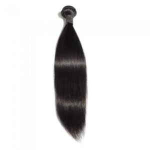 A 10-30 inch straight Virgin Indian hair #1B natural black extension tied at the top, isolated on a white background.