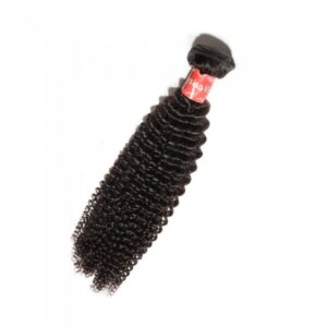 10-30 Inch Kinky Curly Virgin Malaysian Hair #1B Natural Black extension with a black clip attached to the top against a white background.