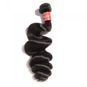 A single coiled bundle of 10-30 Inch Loose Wavy Virgin Malaysian Hair #1B Natural Black hair extensions with a brand label against a white background.