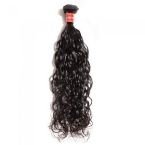 A bundle of 10-30 Inch Natural Wavy Virgin Malaysian Hair #1B Natural Black extensions on a white background.