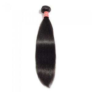 A tied bundle of 10-30 Inch Straight Virgin Malaysian Hair #1B Natural Black isolated on a white background.