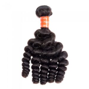 A bundle of 12-26 Inch Loose Curly Virgin Malaysian Hair #1B Natural Black human hair extensions isolated on a white background.