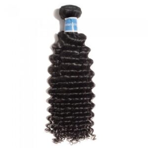 10-30 Inch Deep Curly Virgin Peruvian Hair #1B Natural Black on a white background.