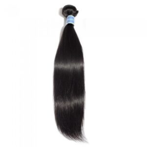 A bundle of 10-30 Inch Straight Virgin Peruvian Hair #1B Natural Black secured with a band, isolated on a white background.