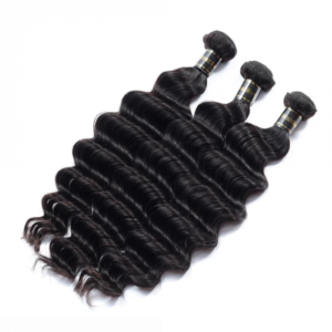 Four bundles of 12-26 Inch Loose Deep Virgin Malaysian Hair #1B Natural Black arranged in a row on a white background.