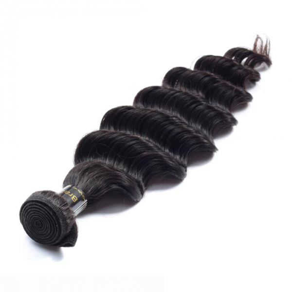 A bundle of 12-26 Inch Loose Deep Virgin Brazilian Hair #1B Natural Black extensions isolated on a white background.