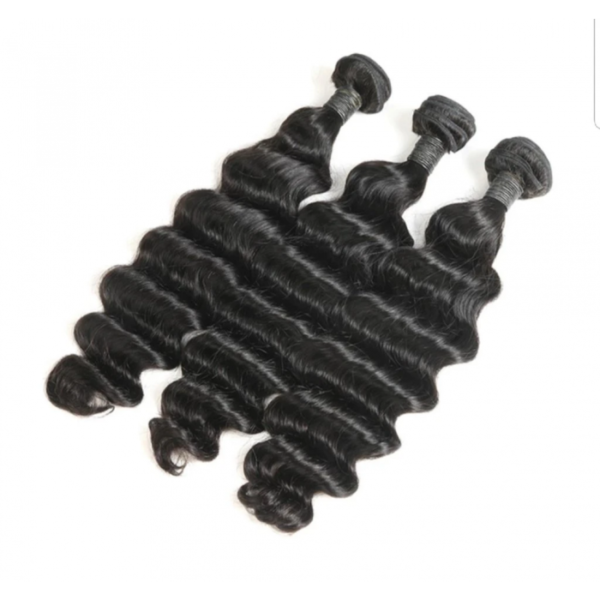 Bundles of 12-26 Inch Loose Deep Virgin Brazilian Hair #1B Natural Black extensions isolated on a white background.