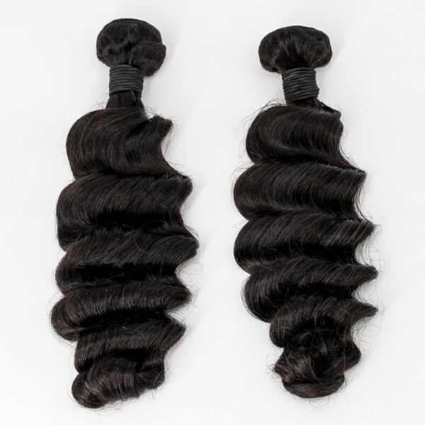 Two 14-26 Inch Ocean Wavy Virgin Brazilian Hair #1B Natural Black hair extensions displayed on a white background.