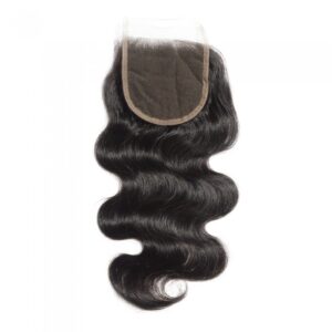 A 10-20 Inch 4.5" x 4.5" Body Wavy Free Parted Lace Closure #1B Natural Black hairpiece with a lace front section.