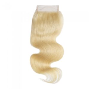 Blonde 10-20 Inch 4" x 4" Body Wavy Free Parted #613 Lace Closure isolated on a white background.