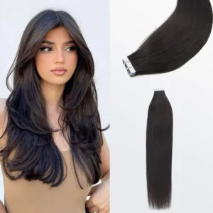 A woman with long hair and two different types of tape in hair extensions.