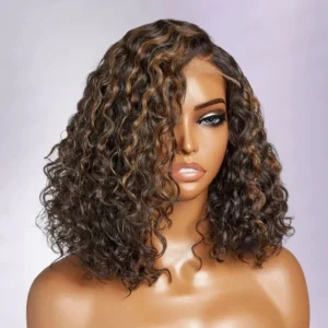 A mannequin wearing a wig with curly hair.