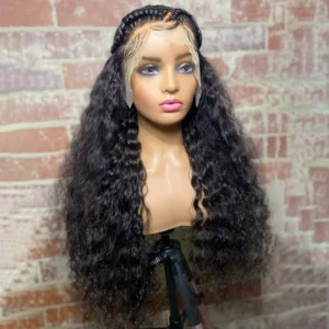 A mannequin wearing a wig and braided headband.